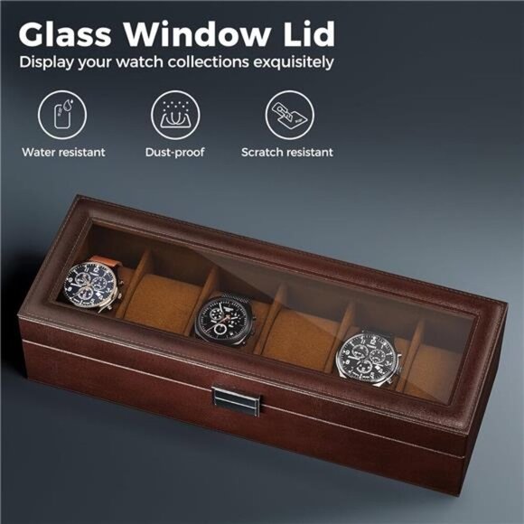 Mens Watch Box 6 Slot PU Leather Watch Organizer Display Glass Lid Brown - Picture 3 of 7